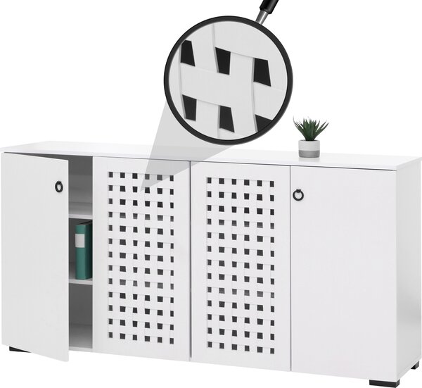 Píborník HWC-N87, komoda skíový píborník, 3D proutný design 4 dveře 9 úloných prostor 83x159x37cm bílá