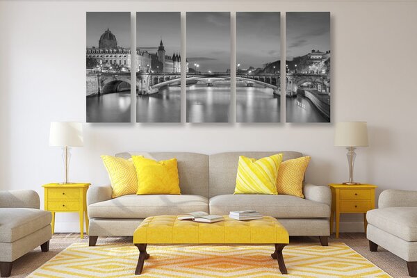5-dílný obraz oslňující panorama Paříže v černobílém provedení