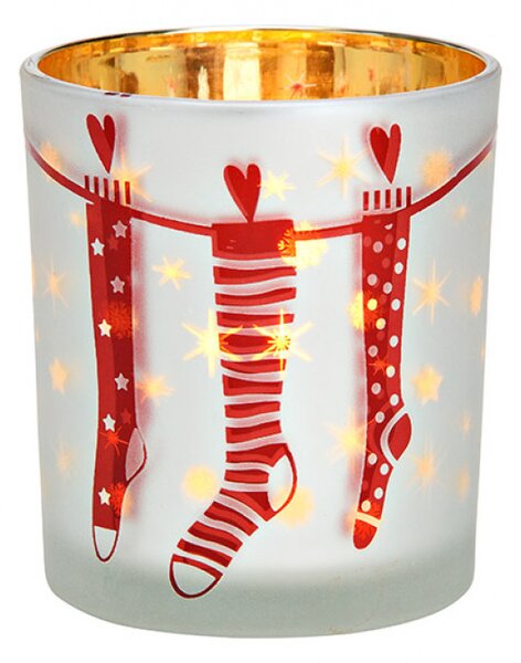 Skleněný svícen CHRISTMAS STOCKING 10 cm bílý