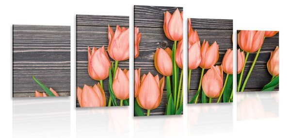 5-dílný obraz okouzlující oranžové tulipány na dřevěném podkladu