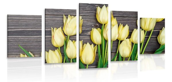 5-dílný obraz okouzlující žluté tulipány na dřevěném podkladu
