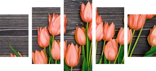 5-dílný obraz okouzlující oranžové tulipány na dřevěném podkladu