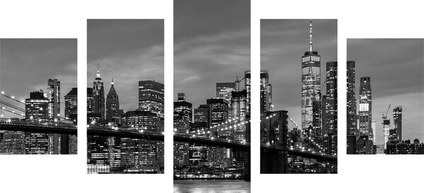 5-dílný obraz okouzlující most v Brooklynu v černobílém provedení