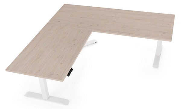 Výškově nastavitelný stůl OfficeTech Angle, 180 x 200 cm, bílá podnož, dub