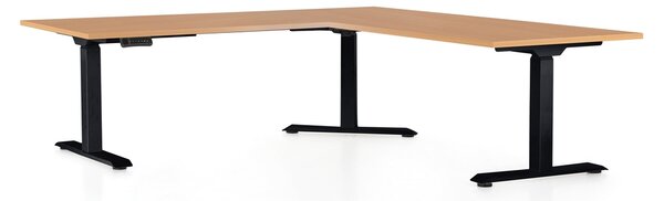 Výškově nastavitelný stůl OfficeTech Angle, 180 x 200 cm, černá podnož, buk