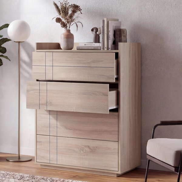 Komoda HWC-P44, píborník, skíka, 4 zásuvky s funkcí push-to-open, MDF 107 x 80 x 40 cm vzhled dubu Sonoma