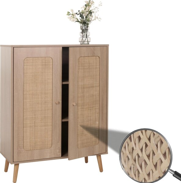 Highboard HWC-M38, komoda skíka píborník, úloné prostory, Kubu ratanové dřevo 106x80x41cm dub-look