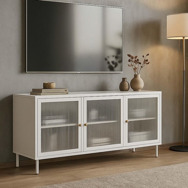 Televizní stolek HWC-O87, nízká skíka na televizi s dvíky úloné pihrádky prmyslový kov rákosové sklo 58x120x40cm bílá