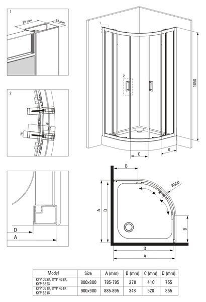 Deante Funkia sprchový kout s vaničkou 90x90 cm půlkulatá chrom lesk/průhledné sklo KYPZ051K
