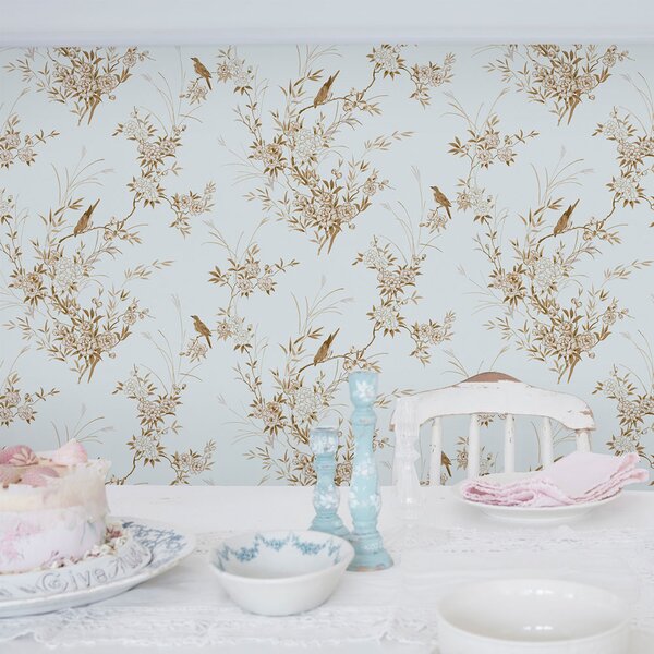 Vliesová tapeta na zeď, modrá, květiny, ptáčci, 125121, Shabby Chic by Rachel Ashwell