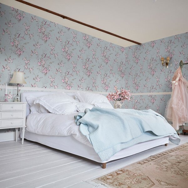 Vliesová tapeta na zeď, modrá, květiny, ptáčci, 125119, Shabby Chic by Rachel Ashwell