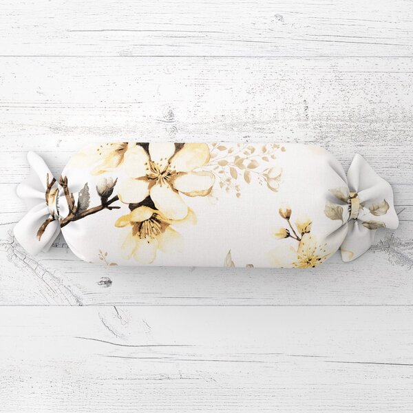 Biante Polštář válec bonbon Sandra SA-582 Žluté květy s větvičkami na bílém 15x40 cm