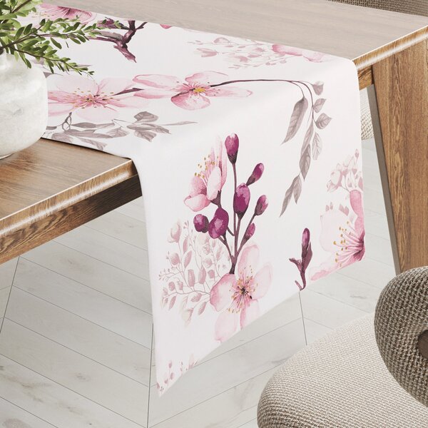 Biante Bavlněný běhoun na stůl Sandra SA-583 Růžové květy s větvičkami na bílém 20x120 cm