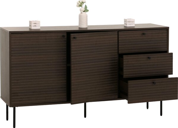 Komoda HWC-N78, píborník, 3 zásuvky 2 dvíka, skandinávský styl kov dřevo melamin MVG 85x150x40cm tmav hndá