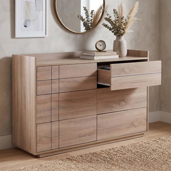 Komoda HWC-P44, píborník, 6 zásuvek s funkcí push-to-open, MDF 83 x 120 x 40 cm vzhled dubu Sonoma