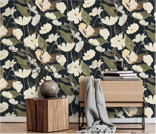 Vliesové tapety na zeď Secret Garden 10508-15, rozměr 10,05 m x 0,53 m, stylizované květy na tmavém podkladu, Erismann