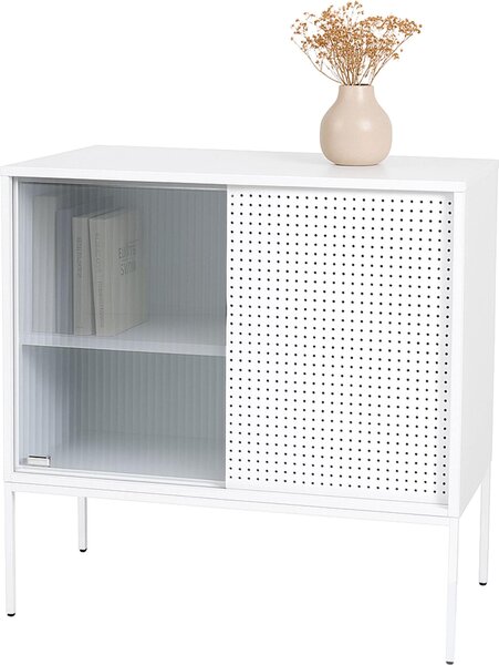 Komoda HWC-O90, skíový píborník highboard, prmyslové úloné prostory posuvné dveře kov 85x80x45cm bílá