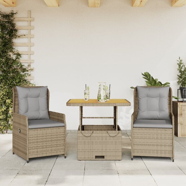 3dílný bistro set s poduškami béžový polyratan