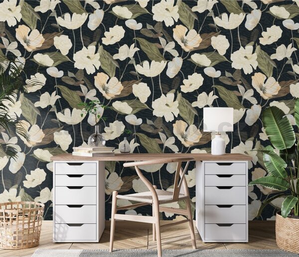 Vliesové tapety na zeď Secret Garden 10508-15, rozměr 10,05 m x 0,53 m, stylizované květy na tmavém podkladu, Erismann