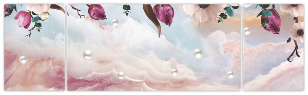 Obraz růžových květů s růžovým mramorem (170x50 cm)