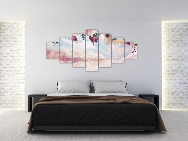 Obraz růžových květů s růžovým mramorem (210x100 cm)
