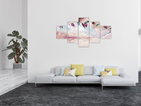 Obraz růžových květů s růžovým mramorem (125x70 cm)