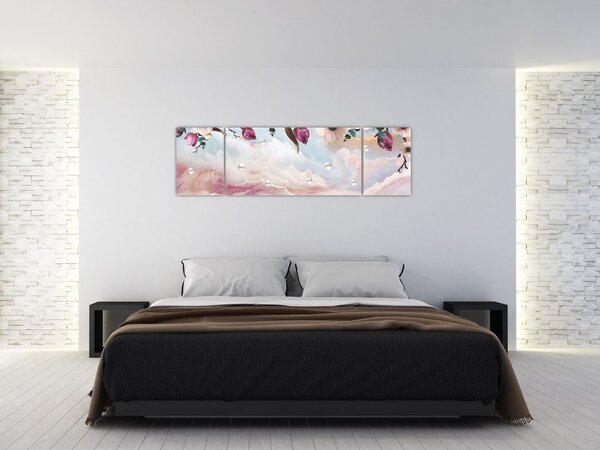 Obraz růžových květů s růžovým mramorem (170x50 cm)