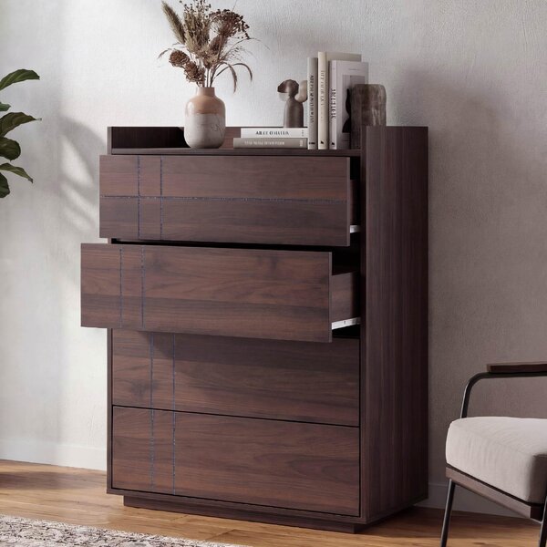 Komoda HWC-P44, píborník, skíka, 4 zásuvky s funkcí push-to-open, MDF 107 x 80 x 40 cm vzhled oechu