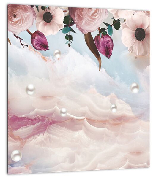 Obraz růžových květů s růžovým mramorem (30x30 cm)