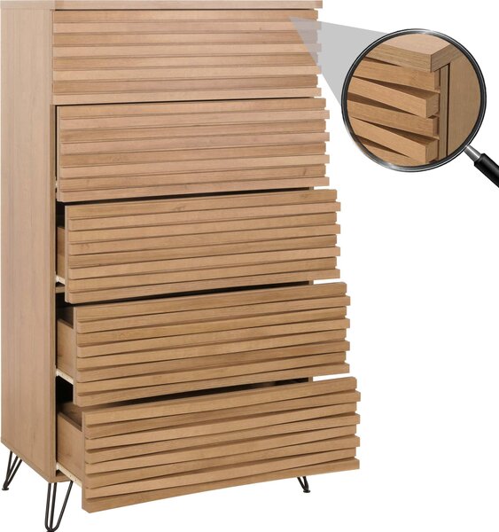 Komoda HWC-M49, skíka s vysokou deskou, 3D design 5 zásuvek MDF kov 145x80x44cm píroda