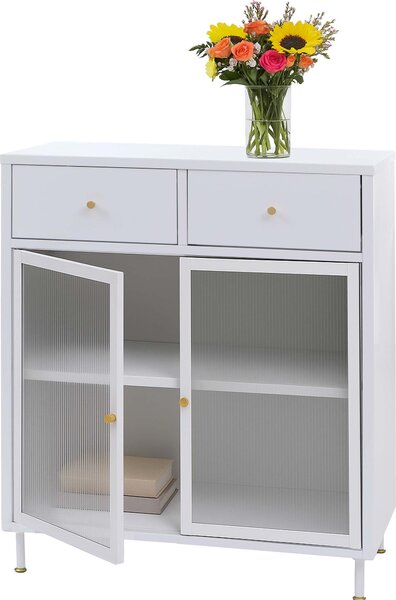 Komoda HWC-O87, skíka píborník highboard, úloné prostory zásuvky prmyslový kov rákos sklo 96x80x40cm bílá