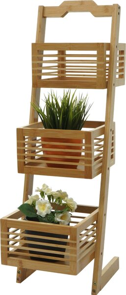 Regál HWC-M21, voln stojící koupelnový regál úloný regál obývací regál se 3 koíky, bambus 77x23x30cm