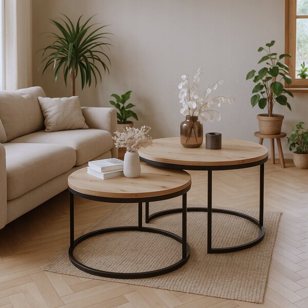 Konferenční stolek DUB ARTISAN Loft Kulatý Sada 2v1 Černé Nohy MODERNÍ