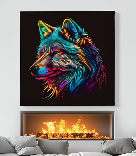 Obraz na plátně - Barevný zářící vlk, hlava FeelHappy.cz Rozměr (Šířka/Výška): 40 x 40 cm