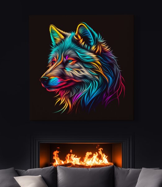 Obraz na plátně - Barevný zářící vlk, hlava FeelHappy.cz Rozměr (Šířka/Výška): 40 x 40 cm
