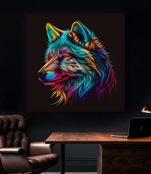 Obraz na plátně - Barevný zářící vlk, hlava FeelHappy.cz Rozměr (Šířka/Výška): 40 x 40 cm