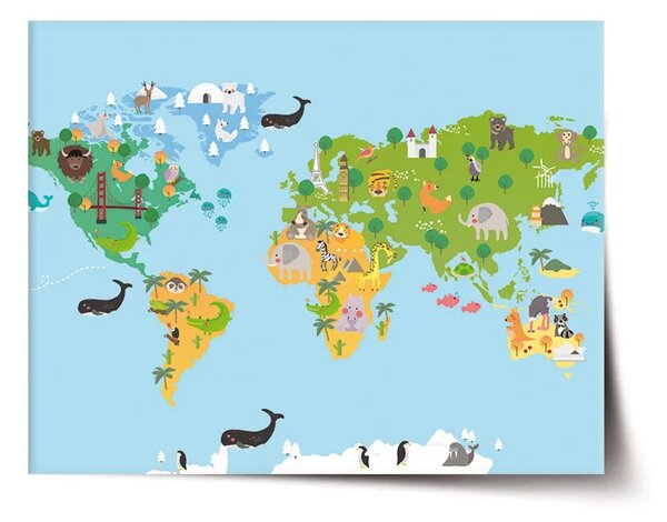 Sablio Plakát Zvířecí mapa světa - 60x40 cm