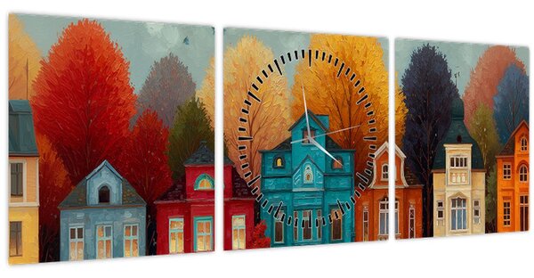 Obraz - Malované podzimní město (s hodinami) (90x30 cm)