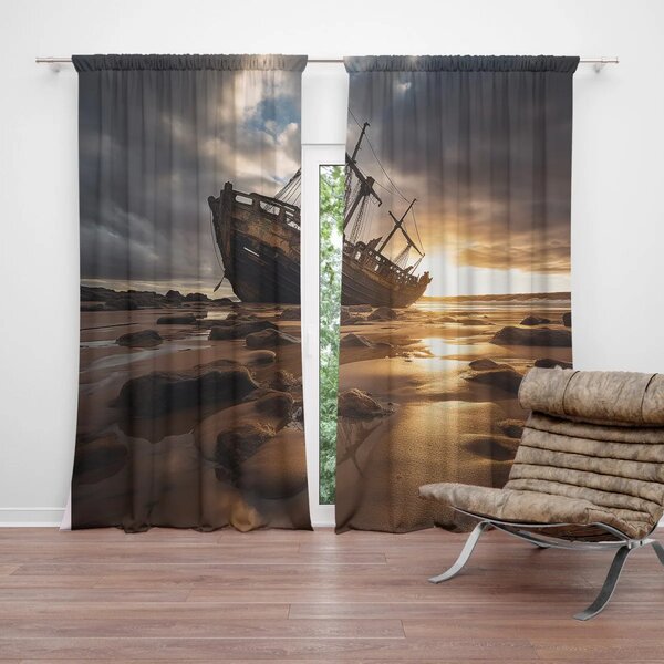 Sablio Závěs Vrak lodi při západu slunce: 2ks 140x250cm
