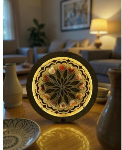 "Dvanáct achátových srdcí" dřevěná lampa/obraz s baterií a pohybovým čidlem/31 cm dub