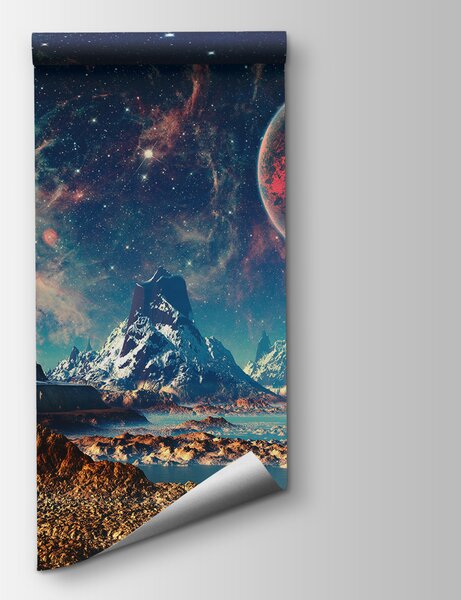 Fototapeta Krajina hor a vody s planetami a hvězdami, Designové fototapety na zeď, Populární fototapety, u55303 - Tapeko.co.cz