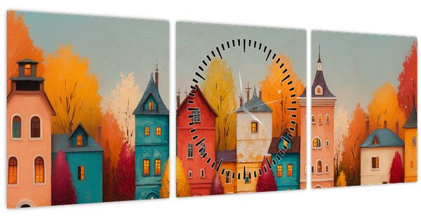 Obraz - Podzimní vesnice (s hodinami) (90x30 cm)