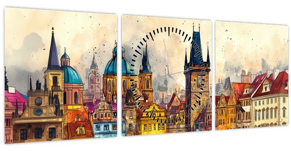 Obraz - Podzim v malovaném městě (s hodinami) (90x30 cm)