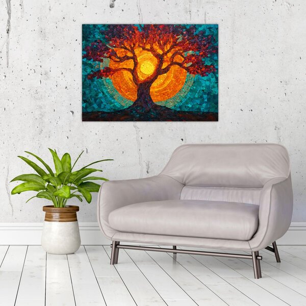 Obraz - Strom života a slunce v mozaice (70x50 cm)