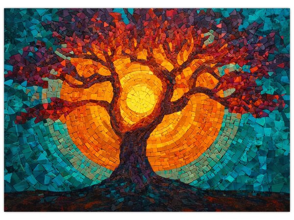 Obraz - Strom života a slunce v mozaice (70x50 cm)