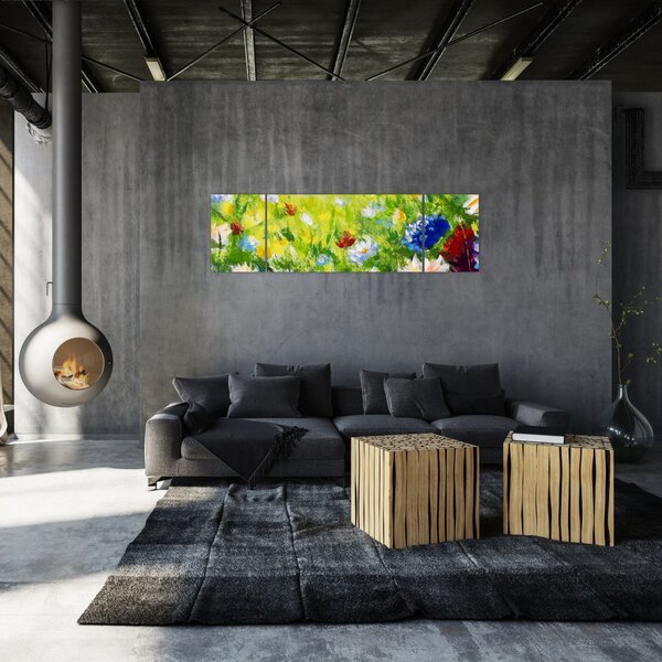 Obraz rozkvetlé louky, olejomalba (170x50 cm)