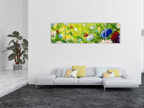 Obraz rozkvetlé louky, olejomalba (170x50 cm)