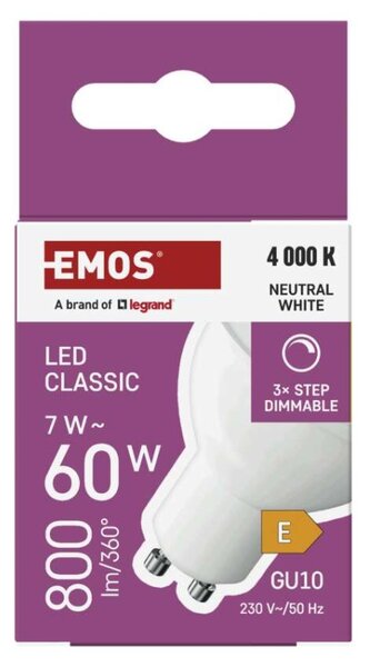 EMOS LED žárovka Classic MR16 / GU10 / 7 W (60 W) / 800 lm / neutrální bílá / krok. stmv. 1525730432