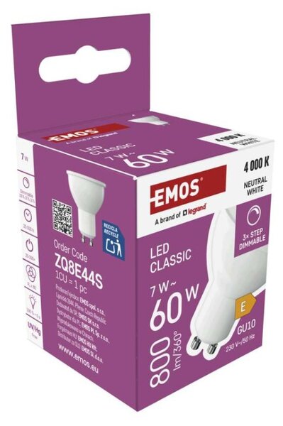 EMOS LED žárovka Classic MR16 / GU10 / 7 W (60 W) / 800 lm / neutrální bílá / krok. stmv. 1525730432