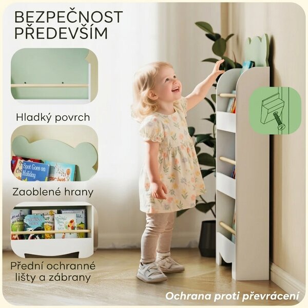 Dětská knihovna ve tvaru medvěda se 3 policemi, bílo-zelená 311-095V90GN